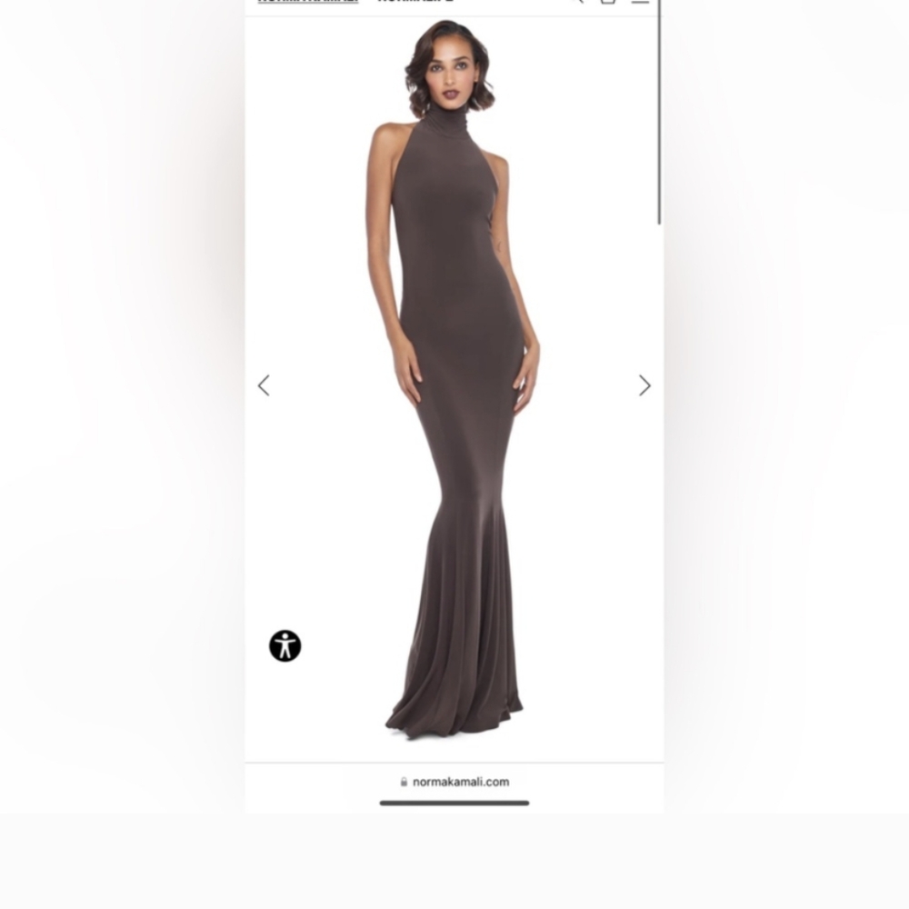 Brown Norma Kamali halter turtle fishtail gown